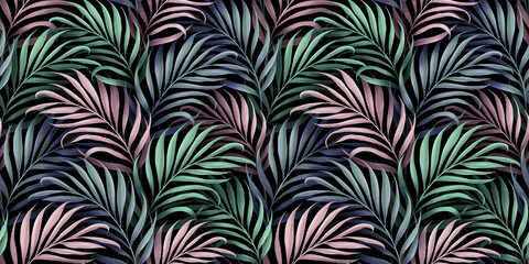 Tropical seamless pattern. Beautiful green, pink, blue palm leaves. Hand-drawn vintage 3D illustration. Glamorous exotic abstract background design. Good for luxury wallpapers, cloth, fabric printing