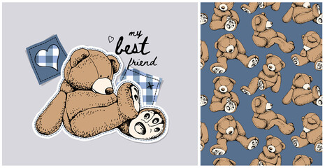 Collection of one print and one seamless pattern. Toy Teddy bear. Funny poses. Humor textile composition, hand drawn style print. Vector illustration.