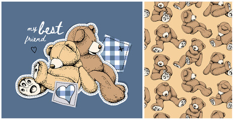 Collection of one print and one seamless pattern. Toy Teddy bears. Funny poses. Humor textile composition, hand drawn style print. Vector illustration.
