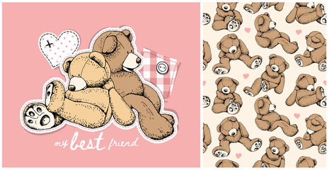 Collection of one print and one seamless pattern. Toy Teddy bears. Funny poses. Humor textile composition, hand drawn style print. Vector illustration.