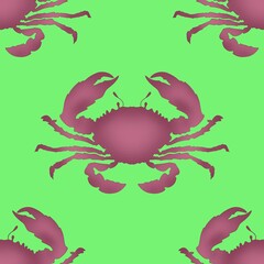 Seamless pattern. Sea creatures. Pink crabs on a green background.