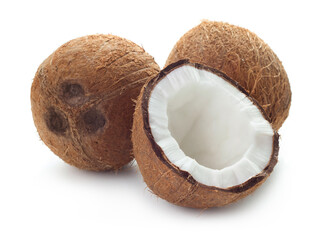 close-up view of three coconuts isolated on white background