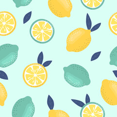 Seamless lemon pattern. Juicy turquoise and yellow lemons. Suitable for textiles, web banners, postcards, backgrounds. Fresh summer fruits. Vector illustration.