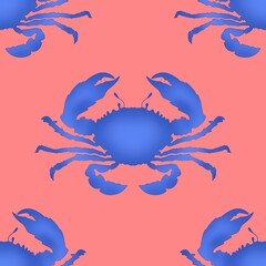 Crabs. Seamless pattern. Sea creatures. Blue  crabs on a red background.