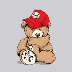 Toy Teddy bear in the red cap. Funny pose. Humor textile composition, hand drawn style print. Vector illustration.
