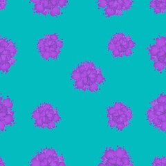 Floral seamless pattern. Lilac, purple, pink flowers on a blue background. Unusual abstract flowers.