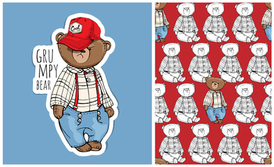 Collection of one print and one seamless pattern. Toy Teddy bears in the checkered clothes and in the red cap. Humor textile composition, hand drawn style print. Vector illustration.