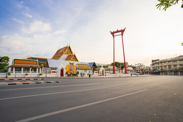 Bangkok, Thailand-May 2, 2021 : View of Giant Swing or Sao Chingcha with blue sky, famous place in Bangkok, Thailand.