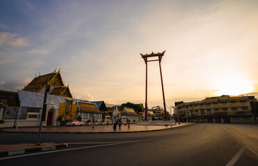 Bangkok, Thailand-May 2, 2021 : Beautiful view of red giant swing .or Sao Chingcha at sunset ,...