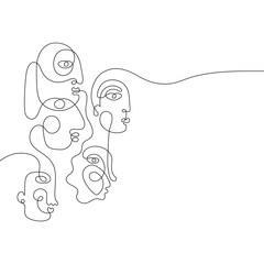 Group of people in a row looking in same direction. One line drawing abstract face. Modern single line art man and woman portrait. Ink painting, minimal  style. Vector - 437212523