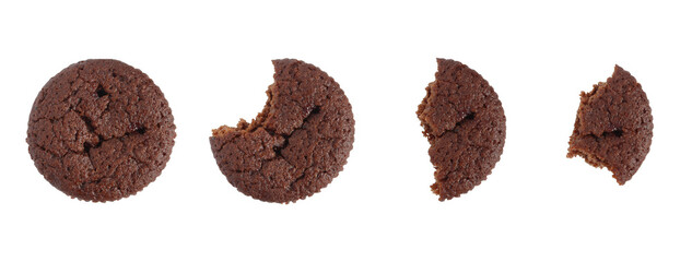 Brown muffin eating process.Bites,stages,steps. Isolated on white from above