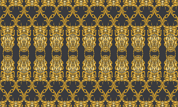 Seamless pattern with decorative illustrations of stag beetle insects on a black background in vertical repeat.
