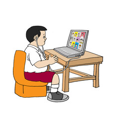 School boy and computer, meeting zoom, color illustration 