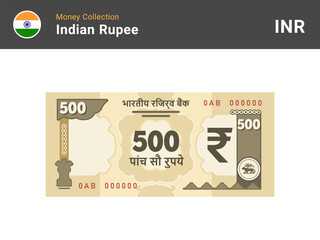 Indian rupee banknote. 500 bill paper money. Five hundred INR cash. The official currency of India. Flat style. Simple minimal design. Vector illustration.