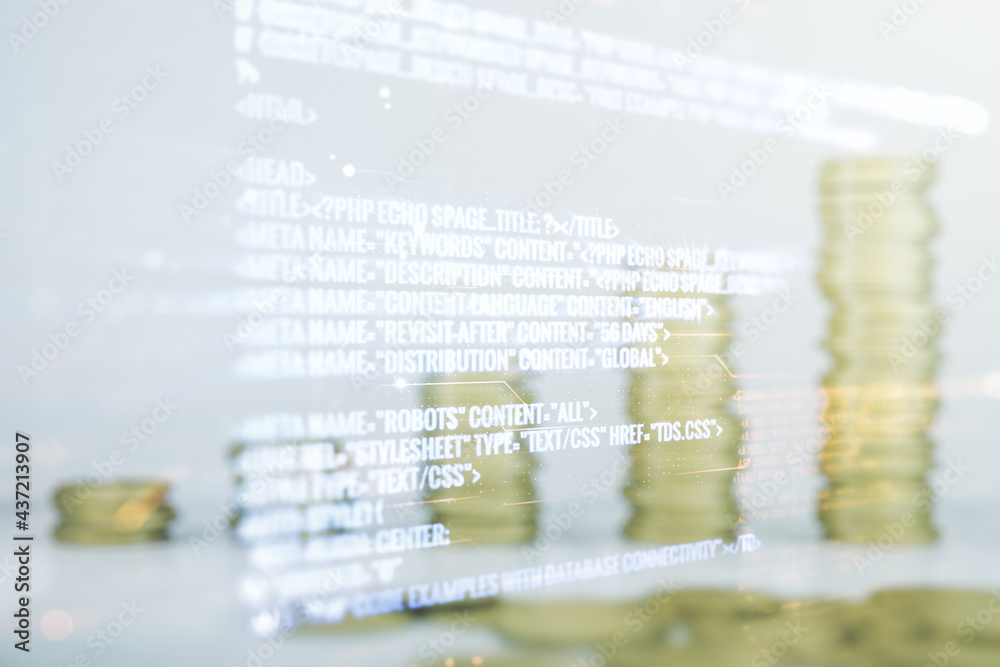 Poster abstract virtual coding concept on stacks of coins background. multiexposure