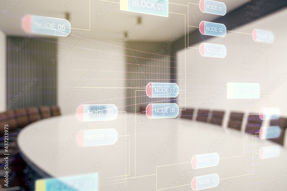 Poster multi exposure of abstract creative coding sketch on a modern conference room background, artificial