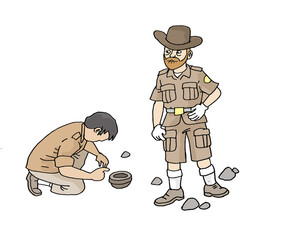 Cartoon Two archaeologists, color illustration 