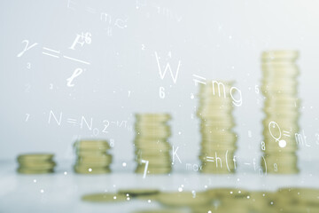 Scientific formula illustration on coins background, science and research concept. Multiexposure