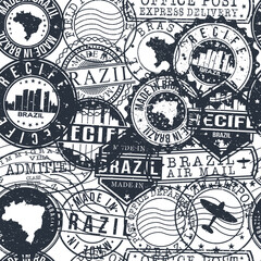 Recife Brazil Stamps Background. A City Stamp Vector Art. Set of Postal Passport Travel. Design Set Pattern.