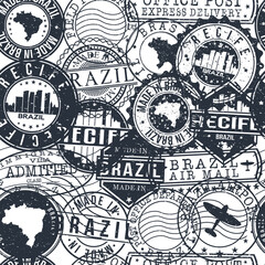 Fototapeta premium Recife Brazil Stamps Background. A City Stamp Vector Art. Set of Postal Passport Travel. Design Set Pattern.