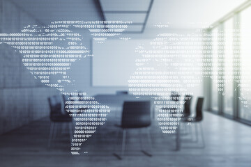 Abstract creative world map interface on a modern conference room background, international trading concept. Multiexposure