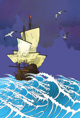 Ancient ship and ocean waves, color illustration