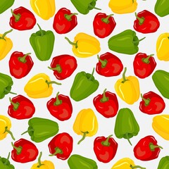Vector seamless pattern with red, yellow and green paprika. Set of whole bell peppers.