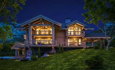 3d rendering of modern cozy chalet with pool and parking for sale or rent.  Massive timber beams columns. Beautiful forest mountains on background. Clear summer night with many stars on the sky.