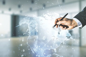 Double exposure of man hand with pen working with abstract creative programming illustration and world map on blurred office background, big data and blockchain concept