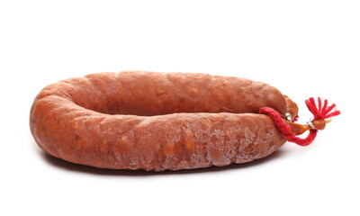 Fermented semi-hard dried spicy sausage, pig meat isolated on white background