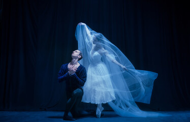 Young woman in wedding dress and man, two ballet dancers in art performance dancing isolated over...