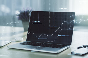 Multi exposure of stats data illustration on modern laptop background, computing and analytics concept