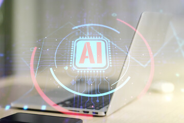 Double exposure of creative artificial Intelligence abbreviation with computer on background....