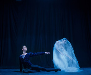 Graceful balerina in image of ghost bride with patner in art ballet performance isolated over dark background. © Lustre Art Group 