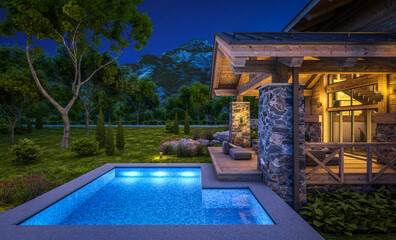 3d rendering of modern cozy chalet with pool and parking for sale or rent.  Massive timber beams columns. Beautiful forest mountains on background. Clear summer night with many stars on the sky.