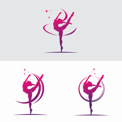 Young gymnast woman dance with ribbon logo