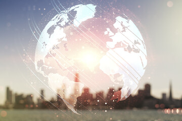 Multi exposure of abstract graphic world map on blurry skyscrapers background, big data and networking concept