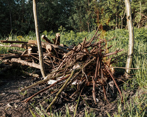 A fire breaks out from a heap of brushwood in a campfire site in a nature camp.