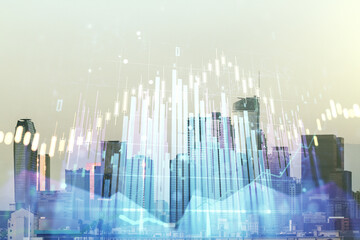 Abstract virtual financial graph hologram on Los Angeles cityscape background, financial and trading concept. Multiexposure