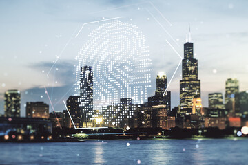 Fototapeta premium Abstract virtual fingerprint hologram on Chicago skyline background. Multiexposure