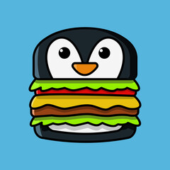a complete burger with meat and vegetables with a bun in the shape of a cute penguin animal. cartoon vector icon concept. Flat Cartoon Style.