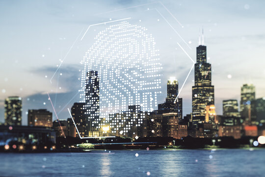 Abstract virtual fingerprint hologram on Chicago skyline background. Multiexposure © Pixels Hunter
