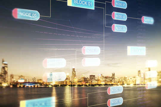 Abstract virtual coding illustration on Chicago cityscape background, software development concept. Multiexposure