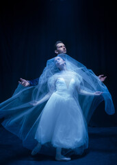 Graceful balerina in image of ghost bride with patner in art ballet performance isolated over dark background. © Lustre Art Group 