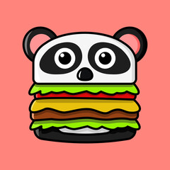 a complete burger with meat and vegetables with a bun in the shape of a cute panda animal. cartoon vector icon concept. Flat Cartoon Style.