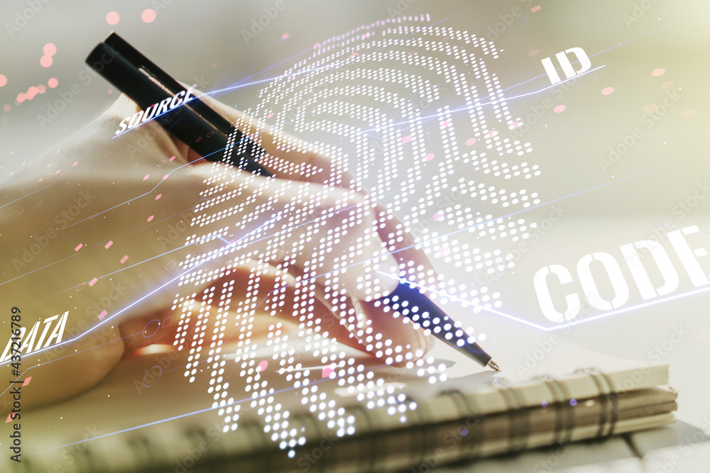 Poster Abstract creative fingerprint concept with woman hand writing in notebook on background. Multiexposure