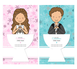 Two cards my first communion for boy and girl. Children praying. Space for text