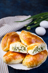Delicious little pies with green onion and egg. Traditional Russian cuisine. Homemade cakes.