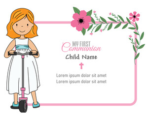 My first communion card. Girl on scooter and frame with space for text or photo