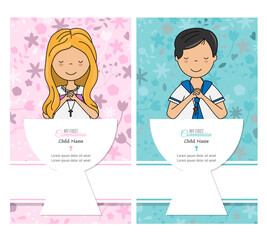 Two cards my first communion for boy and girl. Children praying. Space for text